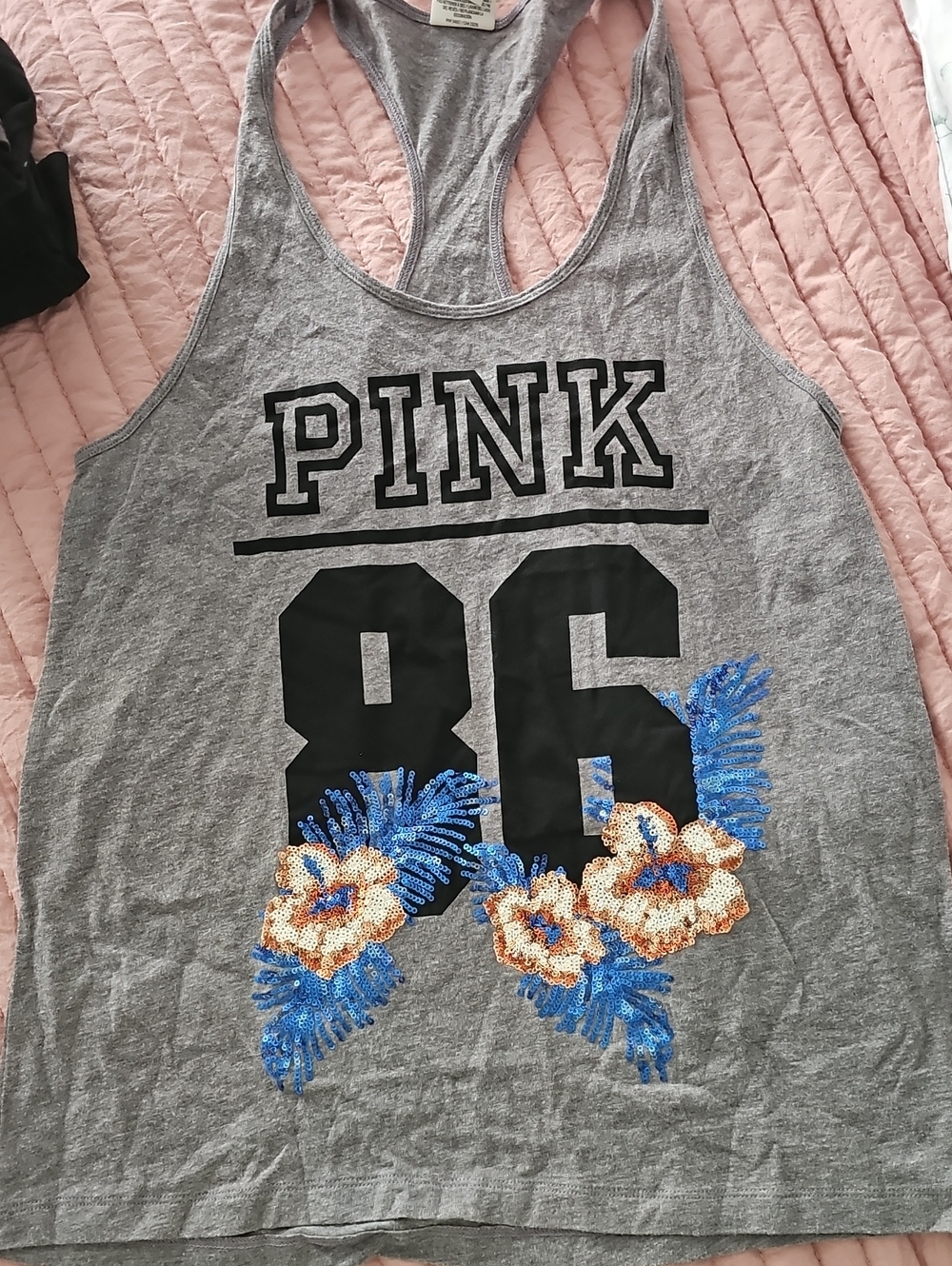 PINK Light Gray Racerback Tank Top Hibiscus Aloha Sequin Flowers Sz XS